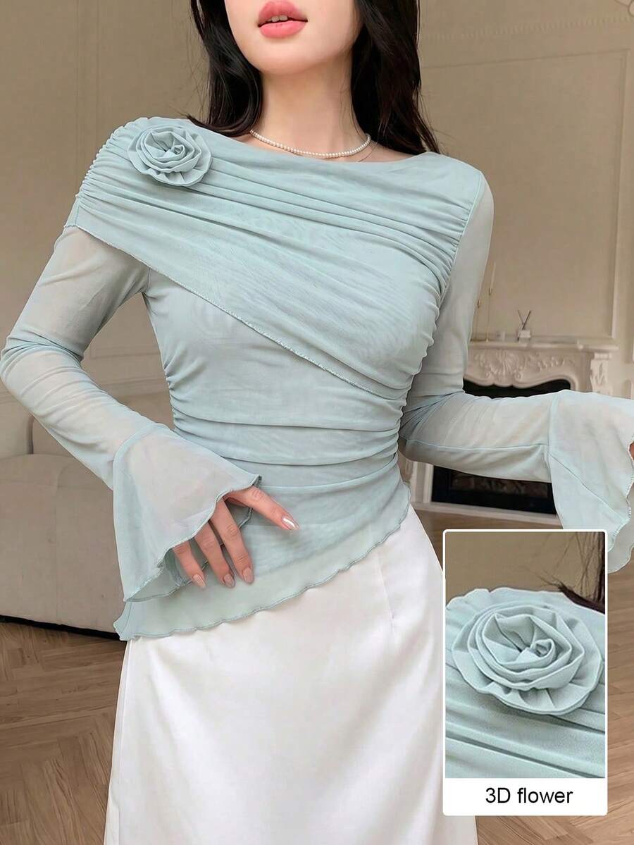Modelyn Mint Green Mesh Ruffle Floral Decor Elegant T-Shirt Daytime Autumn