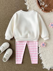 Cozy Pixies 2件組女嬰幼兒/新生兒0-3歲秋冬休閒日常趣味臘腸狗圖案圓領運動衫+粉色條紋長褲套裝 - 彩色 - 查看 3