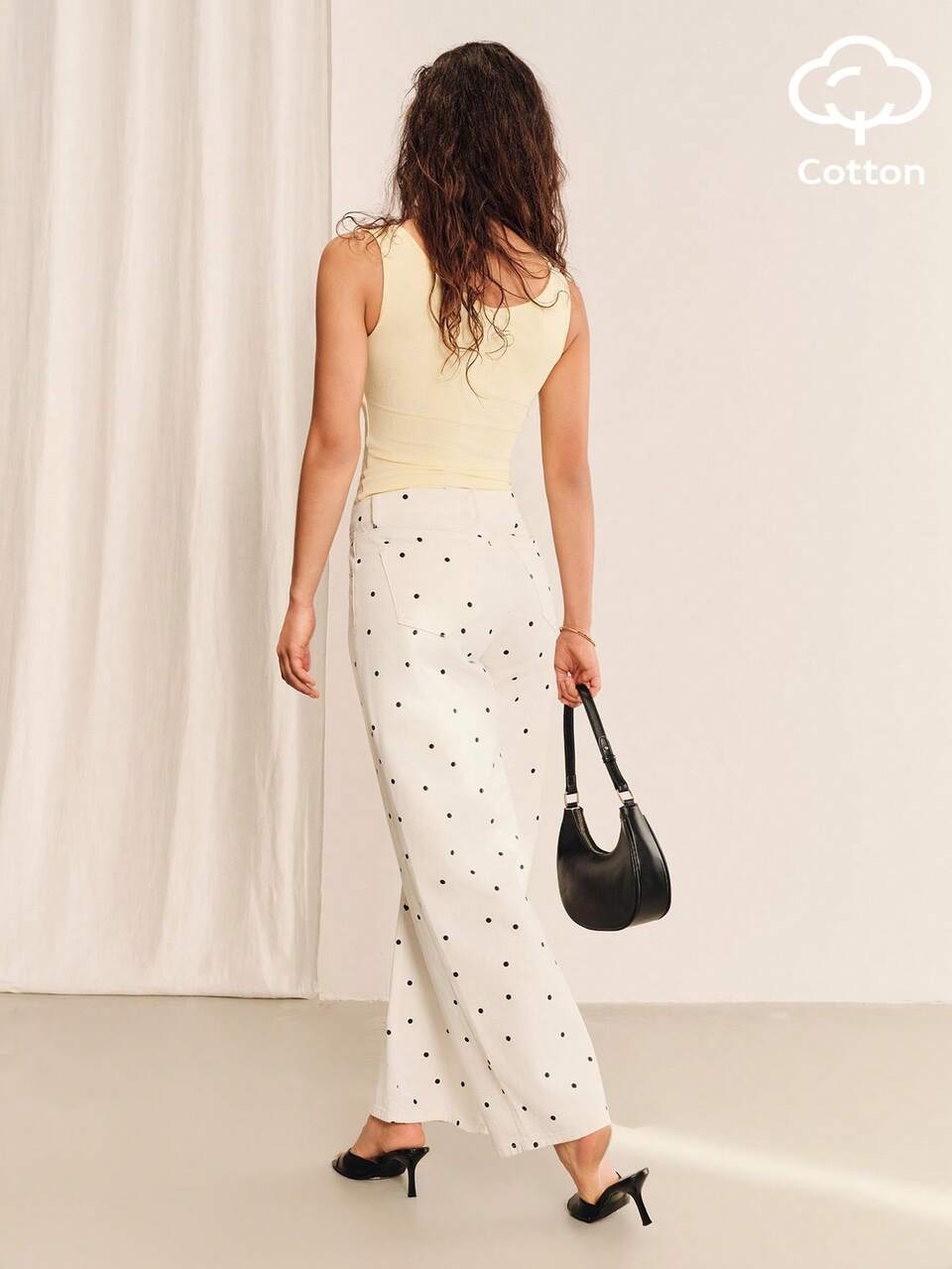 Women's White And Black Polka Dot Pattern Pocket Straight Leg Loose Casual Versatile Jeans White Cotton Pants Summer Holiday Casual Pants