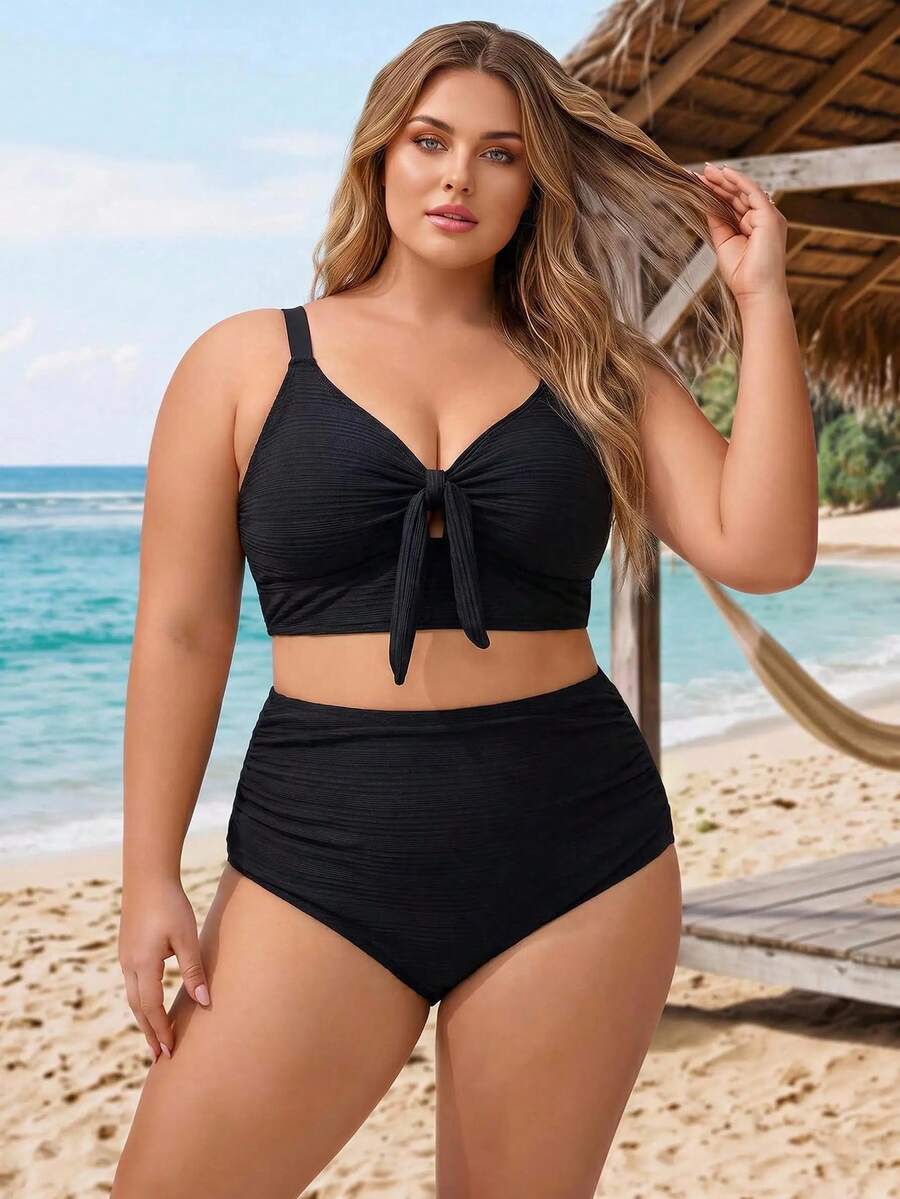SHEIN CURVE+ 大尺碼女款 2 件組黑色扭結 V 領高腰坦基尼泳衣 海灘度假風 - 黑色 - 查看 1