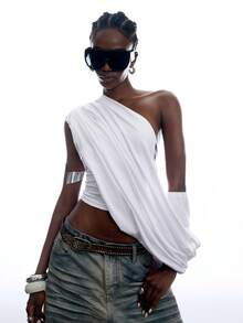 LYSMO Women's Solid Color Asymmetrical Shoulder Pleated Fashion Sexy Top Night Out White Summer - White - View 5