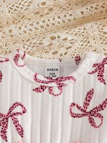 SHEIN Vintaside Kids 2件組新生女嬰杏色蝴蝶結豹紋圓領長袖荷葉袖保暖內裡羅紋軟面料T恤上衣 + 鬆緊腰休閒粉色長褲，休閒可愛韓風甜美套裝，適合秋冬日常穿著、旅行、度假、派對、室內外場合 - 粉色 - 查看 4