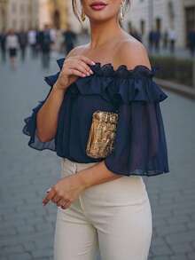 Velvienne Áo blouse nữ size lớn dệt kiểu regular fit mùa hè phong cách Pháp vintage thanh lịch đi làm trễ vai bèo nhún voan chiffon tay ngắn màu xanh - Nhiều màu - Xem 3