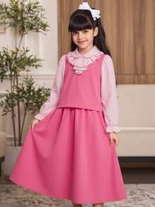 Conjunto casual de top y falda 2 en 1 con patchwork, volantes, rayas y manga larga para niña preadolescente - Rosa - Ver 3