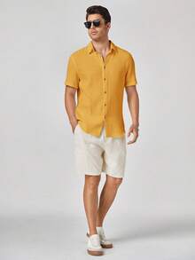 HIMLAND Men's Woven Casual Short Sleeve Shirt - Yellow - View 5