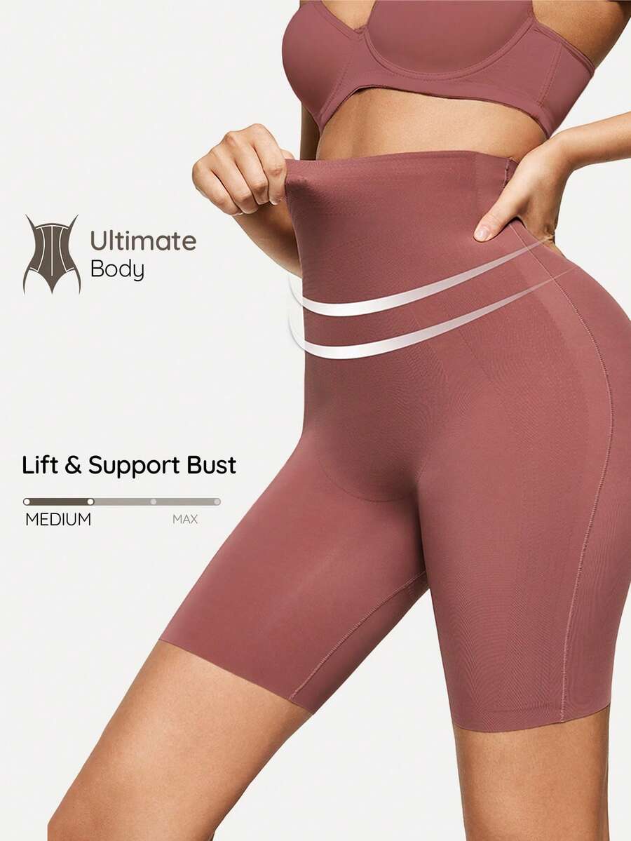 SHAPORA Pantalones cortos moldeadores de cintura alta de unicolor para mujer - Óxido marrón - Ver 1