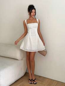 RiviMae Solid Color Sleeveless Square Neck Pleated Waist White Dress Vacation Summer Elegant - White - View 1