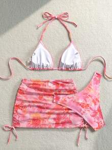 Soleia Women's Large Floral Print Halter Neck Vacation Beach Bikini Set With Cover-Up Skirt - Pink - View 2
