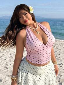 GalTyme Light Pink Polka Dot Print Halter Neck Plus Size Tank Top - Baby Pink - View 4
