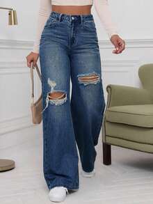 EMERY ROSE Jeans de pierna recta con bolsillos casuales para mujer de talla grande - Azul lavado oscuro - Ver 1