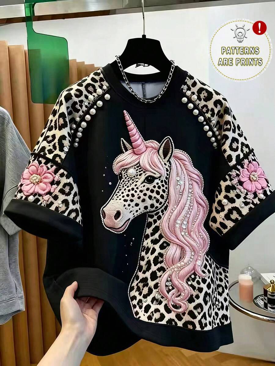 GlowEve 女款圓領短袖動物印花花卉裝飾T恤 日常外出夜店黑白豹紋夏季街頭風 - 黑色 - 查看 1