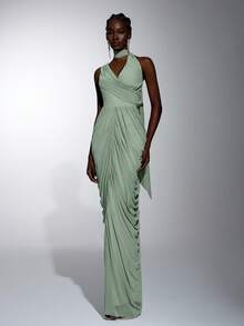 Elitara Elegant Dusty Rose Green Mesh Irregular Neckline Draped Pleated Flowing Ribbon Floor-Length Evening Gown For Wedding Party Formal Occasion - Green - View 7