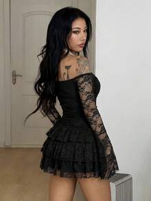 Coolane 女款春季街頭風嬉皮波希米亞海灘度假裝 春假穿搭仙女風長袖露肩白色蕾絲迷你荷葉邊洋裝 - 黑色 - 查看 6