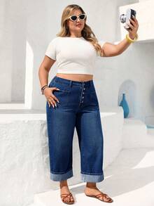 Vivid Eden Plus Size Women's Button Front Casual Loose Fit Denim Jeans - Dark Wash - View 4