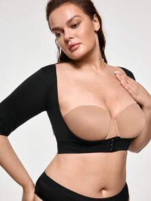 SHAPORA Top bustier de manga corta con efecto moldeador de unicolor para mujer de talla grande - Negro - Ver 2