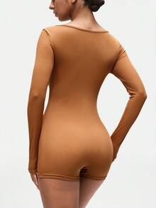 SHAPORA Women's Solid Color Minimalist Long Sleeve Jumpsuit, Casual Loungewear - Rust Brown - View 2