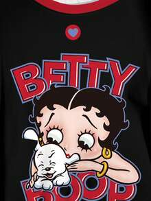 Betty Boop x SHEIN 大尺碼女款黑紅配色拼接卡通圖案字母印花百搭T恤 - 白色 - 查看 7