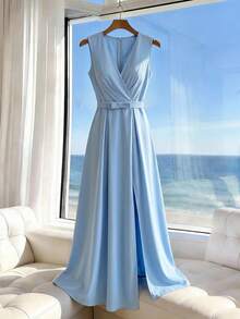 SHEIN Raffinéa Summer Elegant Women's Sleeveless Cross Neckline Bow Waist Decor Blue Dress, Office Attire, Commuter Wear, Outing Outfit, Party Dress, Graduation Prom Dress, Back To School Season Outfit, Guest Elegant Attire - Blue - View 5