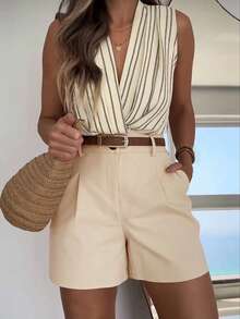 EMERY ROSE Summer Casual Striped Sleeveless Top + Shorts Set - Apricot - View 5