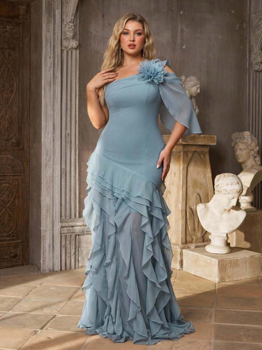 Aureia Plus Size Elegant Romantic Dusty Blue One Shoulder Asymmetric Neckline 3D Floral Fitted Bodycon Ruched Flared Ruffle Hem Dress Formal Wedding Guest - Blue - View 1