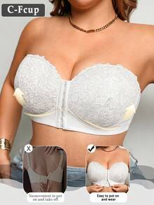 DesireSculpt Plus Size Black Non-Wired Sexy Lace Front Closure Push-Up Bra, 1pc - White - View 3