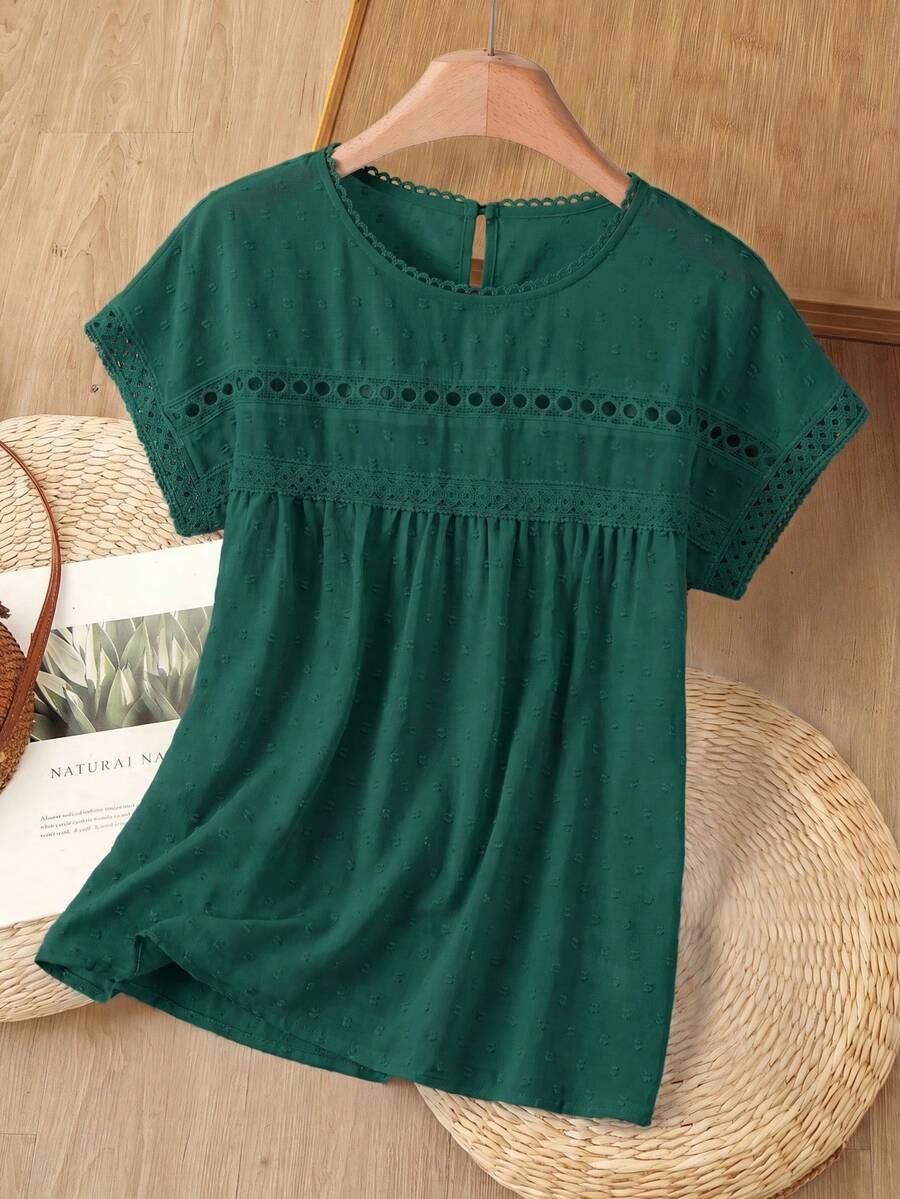 Rusticease Swiss Dot Contrast Guipure Lace Batwing Sleeve Blouse - Dark Green - View 1