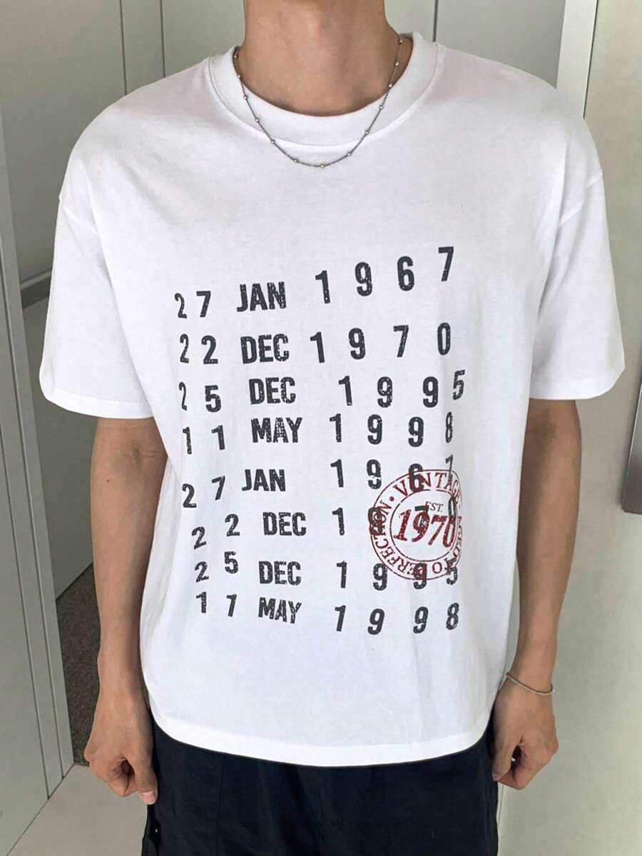 DAZY Men's Letter & Number Print Contrast Color Round Neck Short Sleeve T-Shirt Graphic Tee - White - View 1
