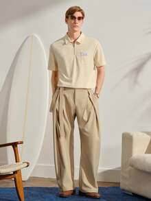 白色男士字母刺繡短袖休閒拉鍊 Polo 衫，高爾夫男款，純棉柔軟拉鍊設計，老錢風夏季度假風格禮物 - 白色 - 查看 2