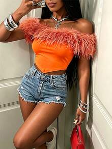 Glyssa Women's Sexy Off-Shoulder Wool Blend Fringe Top, European And American Style Hot Girl Slim Fit Flattering Asymmetrical Hem, Dates Club Night - Orange - View 6