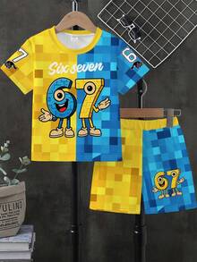 Tween Boy Cartoon Digital Print Short Sleeve Crew Neck T-Shirt And Plaid Shorts Set, Casual Outing School - Multicolor - View 3