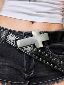 ROMWE Goth 1-Pack Ladies Black Cross Buttons Metal Rivets Decorative Punk Belts Halloween Accessories Belts Everyday Versatile - Black Cross Buckle Belt - View 2