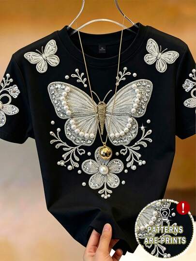EMERY ROSE Kaos Lengan Pendek Leher Bulat Elegan Ukuran Besar untuk Musim Panas, Bordir Kupu-kupu & Bunga 3D dengan Rhinestone