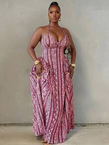 BamGlimmer Plus Size Halter Neck Maxi Dress, Vintage , Unique Design Print, Multi-Color Women's Dress, Fashionable Vacation Wear, Suitable For Travel, Holiday, Party, Gathering, Romantic And Vibrant - Multicolor - View 2