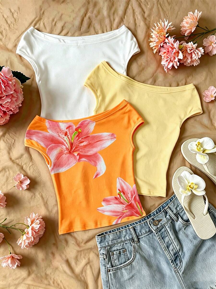 Sparklyn 3pcs/Set Girls' Vacation Fitted Off-Shoulder Multi-Color T-Shirts - Multicolor - View 1