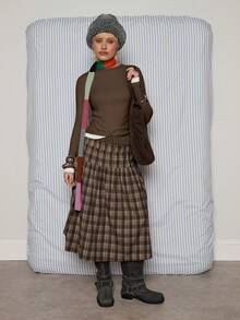 COUREZ 低腰棕色格紋中長裙，Y2K 1960年代復古秋季可愛裙子，適合返校、約會之夜、校園穿搭 - 摩卡棕 - 查看 3