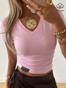 SHEIN EZwear 粉色针织女式紧身T恤 - 粉色 - 查看 7