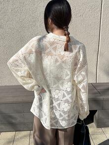 FRIFUL Women's Loose Lace Blouse, Spring Sheer Fall - Beige - View 6