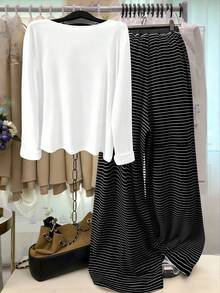 GlowEve CURVE Plus Size Solid Color Knit Cardigan With Front Button Closure, Striped Trim, Slim Fit, Drawstring Detail, Elegant Casual Commuter Daily Outing Long Pants - Black and White - View 2