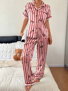 Softscene Faux Silk Bow Heart Letter Print Lapel Short Sleeve Long Pants Pajama Set - Red - View 6