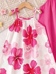 SHEIN Playful Pals 少女 2件/組 波希米亞休閒多彩扶桑花印花蝴蝶結肩帶 A字版型柔軟洋裝，充滿夏日活力與青春氣息，適合外出與夏季度假 - 彩色 - 查看 3