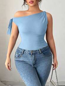 SHEIN LUNE Plus Size Women Solid Color Twist Front Slim Fit T-Shirt - Blue - View 1