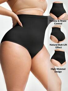SHAPORA Plus Size Women High Waist Slimming Solid Color Briefs - Black - View 4