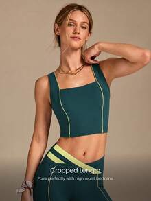 GLOWMODE FeatherFit™ On The Line Soft Stretchy Sweat-Wicking UV Protection Crossover Back Two-Tone Removable Cups Cropped Active Tank Low Impact Yoga Pilates Studio Daily Active Wear - Green - View 2