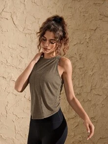 VARSIVA Kaos dan Tank Top Olahraga Wanita Longgar Tanpa Lengan dengan Leher Bulat dan Desain Silang - Coklat - View 3
