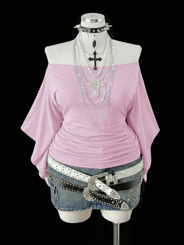 Camiseta de manga larga con hombros descubiertos, cintura fruncida y estilo vintage punk para mujer talla grande de Sunspun-D, adecuada para uso diario, ir al trabajo y la oficina