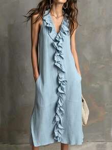 Hotletica Vestido azul sin mangas con cuello de volantes para mujer - Azul - Ver 3