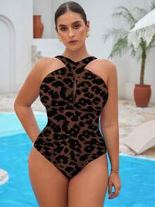 Slaydiva Conjunto de 2 piezas de traje de baño de una pieza con cuello halter colorido y falda de cobertura para mujer talla grande, para vacaciones en la playa - Café integral - Ver 7