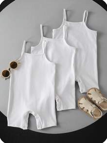 SHEIN Babygirl Summer Cute Simple Solid Color Elastic Strap Romper 3pcs Set - White - View 4