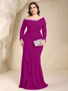 Coutiva Plus Size Women's Off-Shoulder Formal Evening Gown (Heavily Embellished) - Hot Pink - View 7
