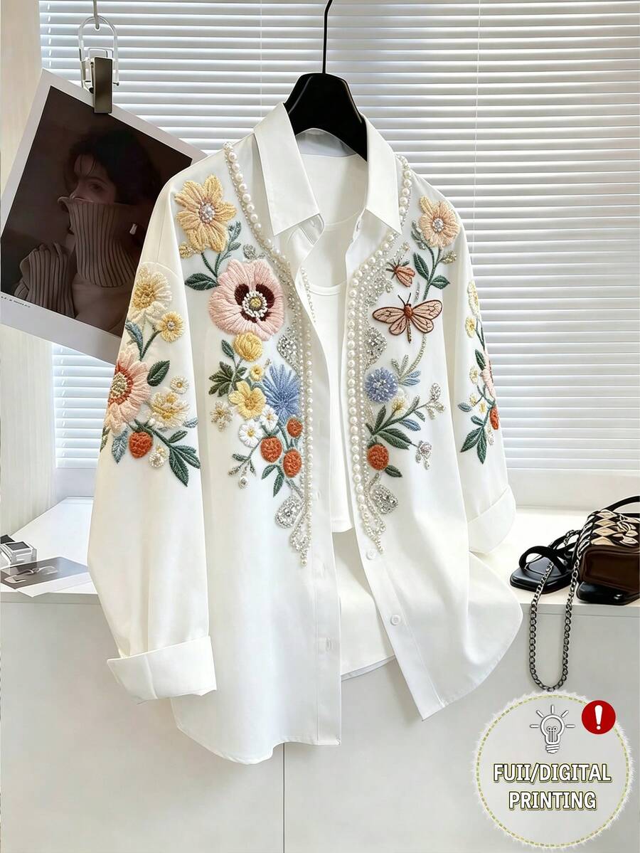 Franclia 女款浪漫花卉蝴蝶白色襯衫,女款長袖寬鬆波希米亞風花卉白色襯衫,長袖翻領鈕扣上衣,精緻白色襯衫,3D花卉領長袖寬鬆版型上衣 - 彩色 - 查看 1